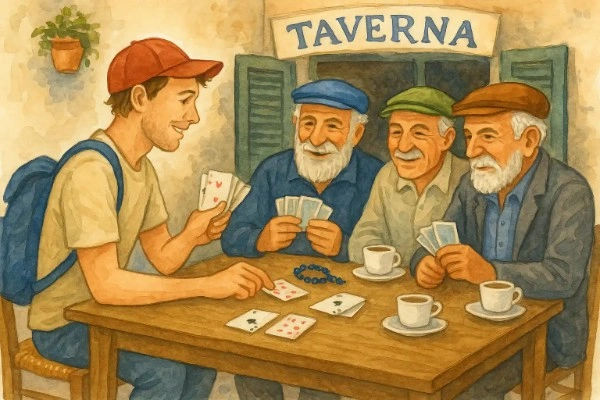 Young traveler playing cards with elderly Greek locals at traditional taverna, sharing coffee and genuine laughter, representing authentic cultural connection through daily rhythms