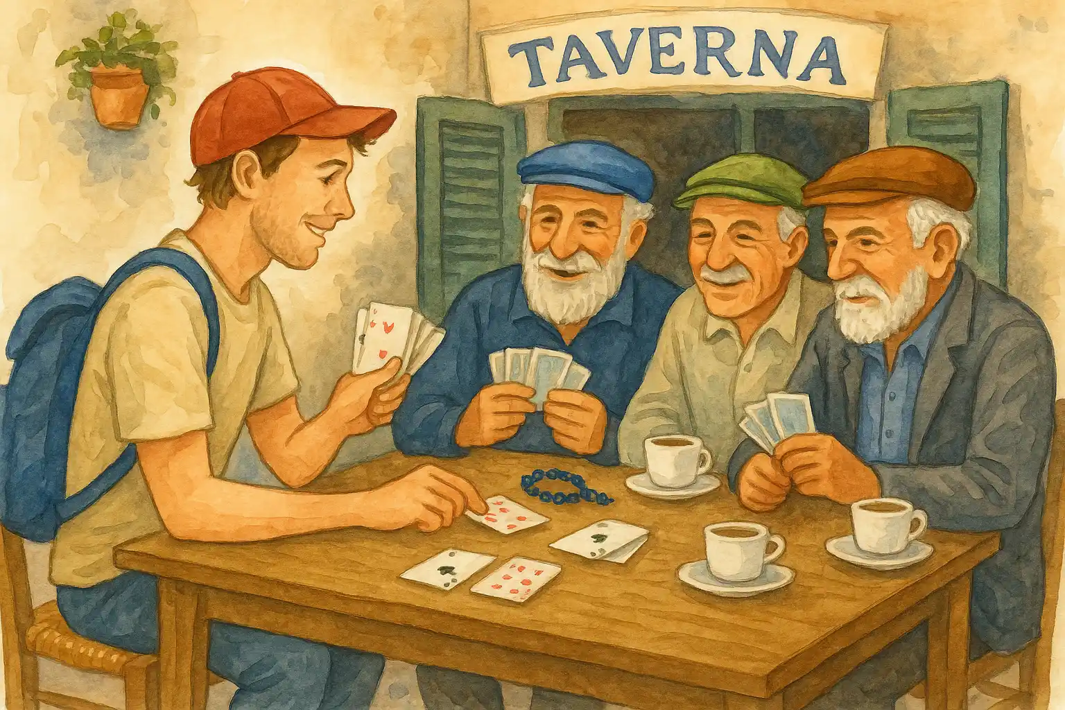 Young traveler playing cards with elderly Greek locals at traditional taverna, sharing coffee and genuine laughter, representing authentic cultural connection through daily rhythms 
