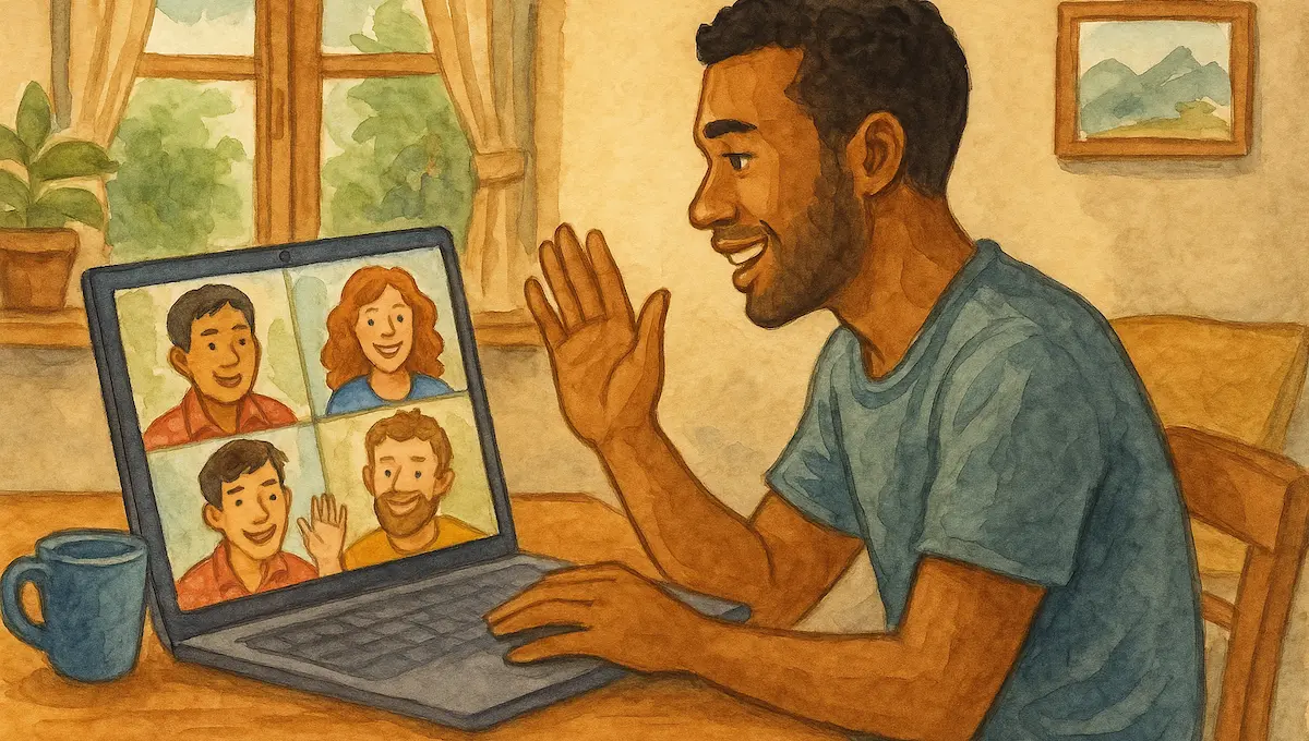 Man waving warmly during a video call with four friends displayed on his laptop screen, maintaining international connections from his home