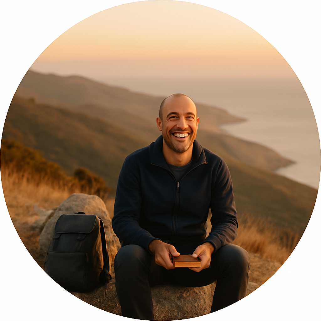Smiling man sitting on a hillside at golden hour, holding a journal with a scenic coastline in the background.