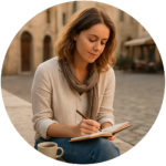 Woman journaling peacefully in a sunlit European square, wearing a linen blouse and scarf, with a coffee cup beside her.